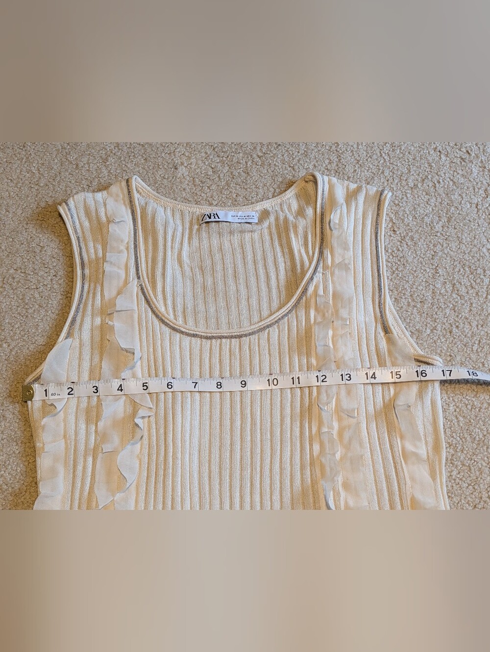 Zara Cream Ribbed Tank with Ruffle Trim - Picture 5 of 6